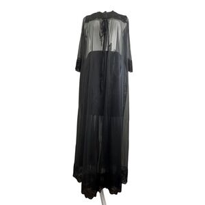 Vintage‎ Sheer Black Lace Trim Maxi Robe Peignoir Boudoir Cover Up Sz M? READ